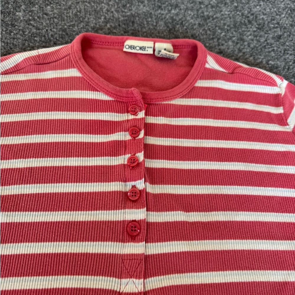 Cherokee Vintage Y2K Striped Henley Top Long Sleeve Pink Cotton V Neck Women's S - Picture 4 of 10